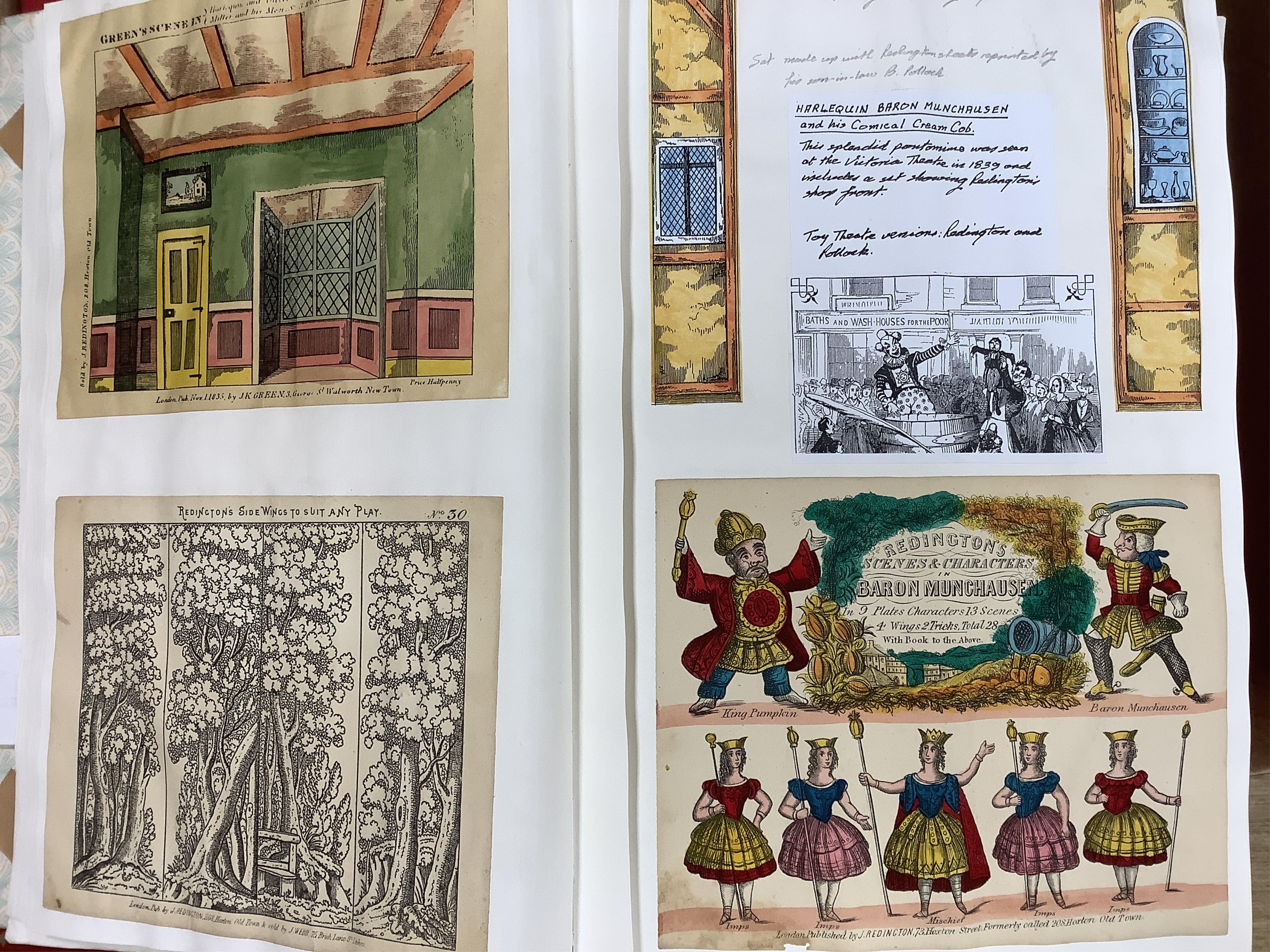 Juvenile Drama, an archive of Toy Theatre including Pollock, Green Edwards Bailey, Redington & Brett, Hodgson, Dyer Park, and others large scenes, back drops, scenery, portraits pasted into eight large albums